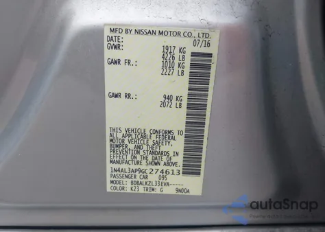 2016 Nissan Altima 2.5 Sv z USA, uszkodzony, nr VIN 1N4AL3AP9GC274613